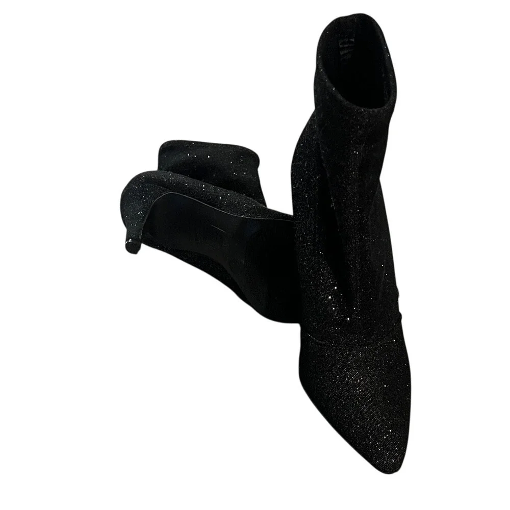 Sparkly Black Sock Booties Stiletto‎ Heel Pointed Toe Ankle Boots Women's